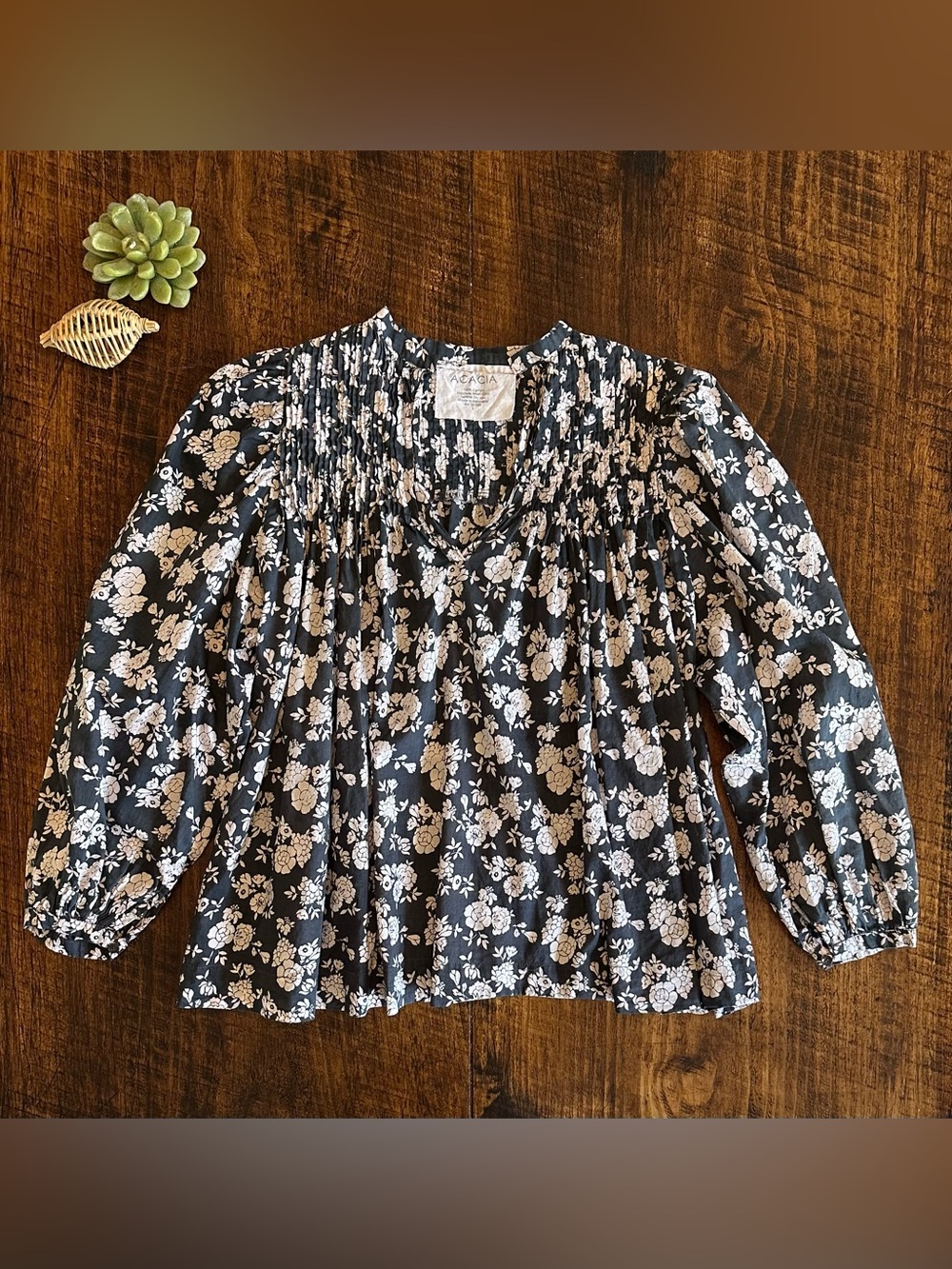 ACACIA Swimwear | Boho Chic Floral Smocked Peasant Blouse Top, Size S
